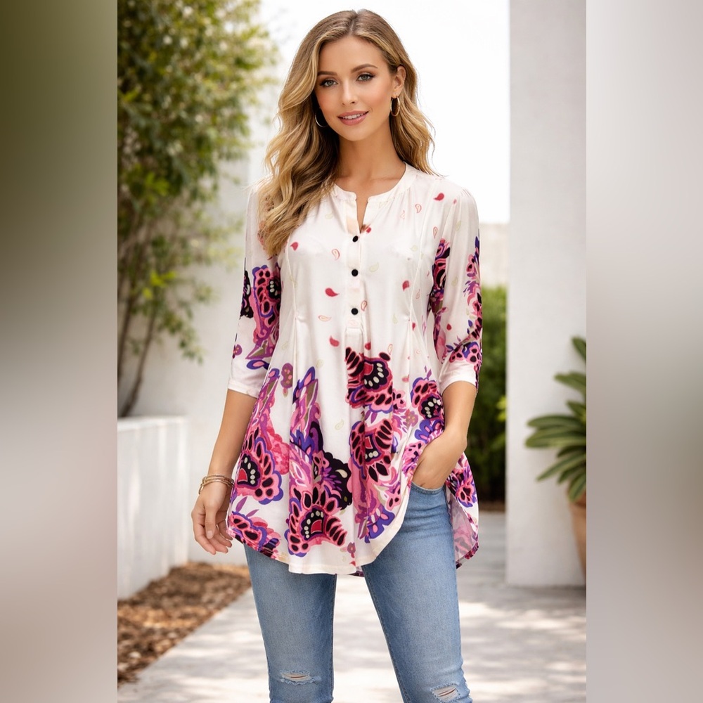 R&B Collection Boho Tunic Top Women Size L Flowy Floral Paisley Half Sleeve